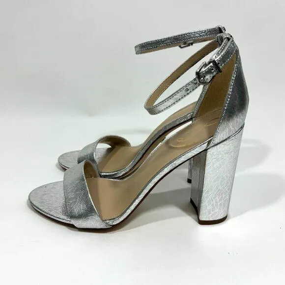 Sam Edelman Women’s Size 9 Silver Metallic Leather Yaro Ankle Strap Block Heels
