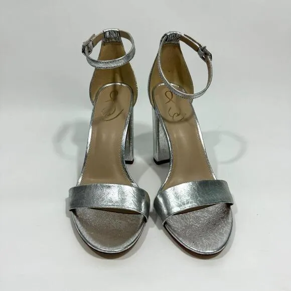 Sam Edelman Women’s Size 9 Silver Metallic Leather Yaro Ankle Strap Block Heels