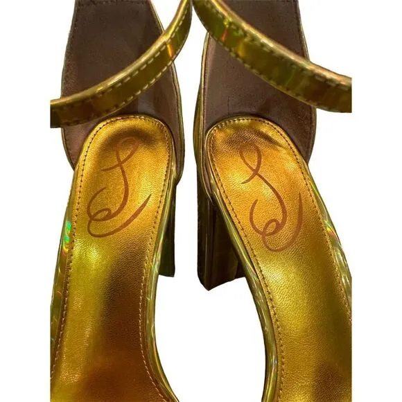Sam Edelman Yaro Gold Ankle Strap Block Heel Sandals Women's Party NWOT