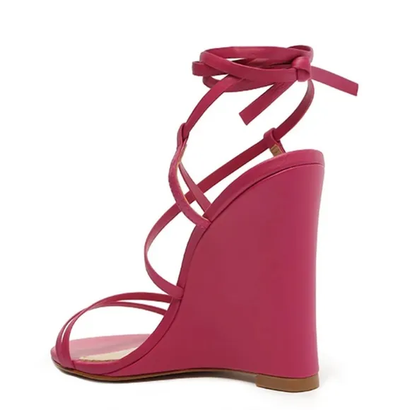 SCHUTZ Deonne Hot Pink Ankle Wrap Leather Wedge Sandals Size 10.5B