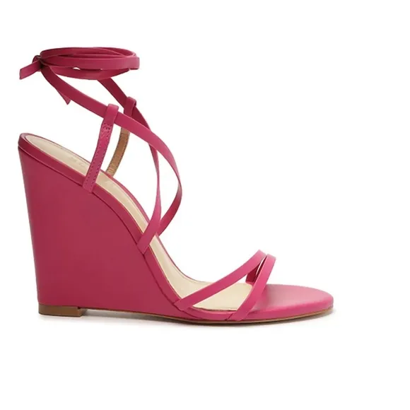 SCHUTZ Deonne Hot Pink Ankle Wrap Leather Wedge Sandals Size 10.5B
