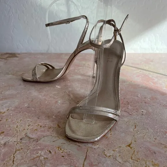 Schutz Gold Altima Embossed Leather Strappy Healed Stiletto Sandals Womens 8
