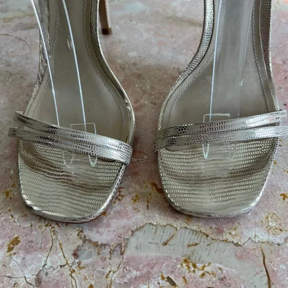 Schutz Gold Altima Embossed Leather Strappy Healed Stiletto Sandals Womens 8