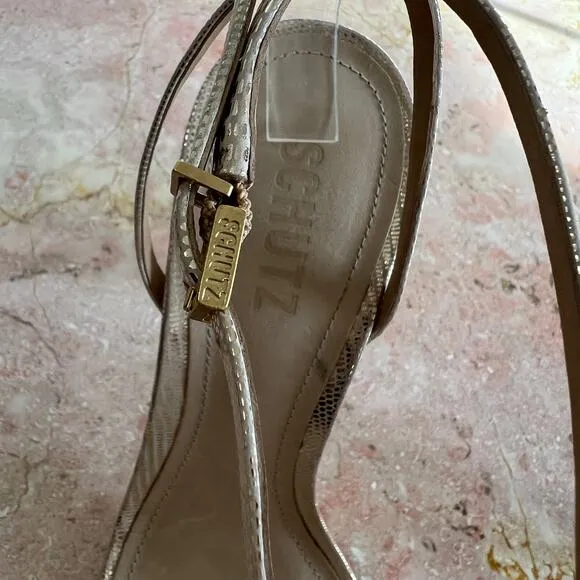 Schutz Gold Altima Embossed Leather Strappy Healed Stiletto Sandals Womens 8