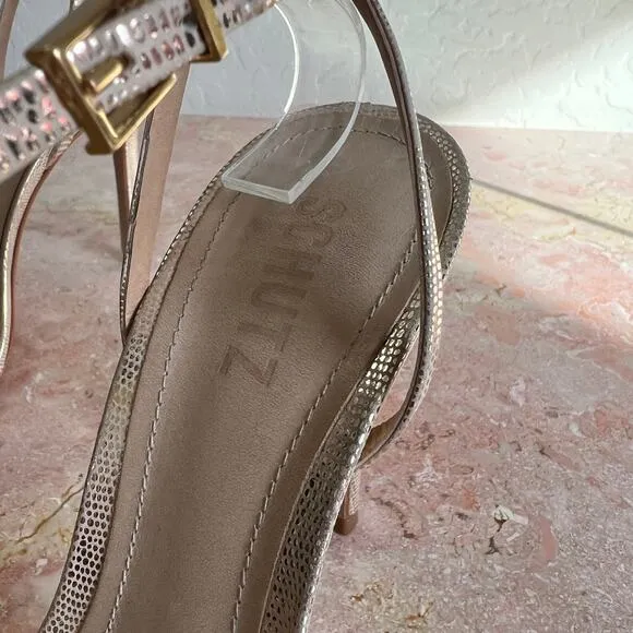 Schutz Gold Altima Embossed Leather Strappy Healed Stiletto Sandals Womens 8