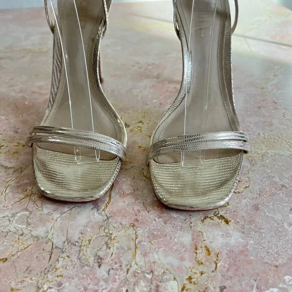 Schutz Gold Altima Embossed Leather Strappy Healed Stiletto Sandals Womens 8