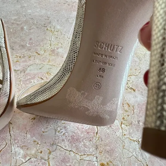 Schutz Gold Altima Embossed Leather Strappy Healed Stiletto Sandals Womens 8