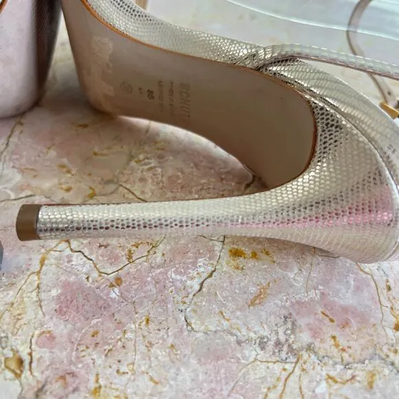 Schutz Gold Altima Embossed Leather Strappy Healed Stiletto Sandals Womens 8