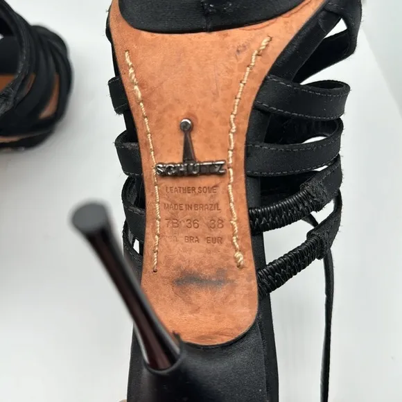 Schutz Strappy Black Satin Leather Casual Party High Heels Shoes Sandals Size 7B