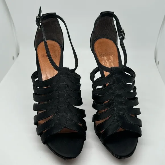 Schutz Strappy Black Satin Leather Casual Party High Heels Shoes Sandals Size 7B