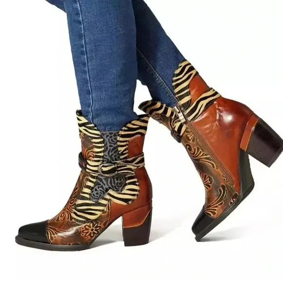 Scofty Retro Printed Cowgirl  Ankle Boots Brown Size 38
