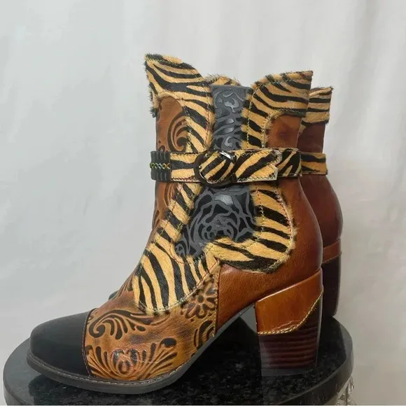 Scofty Retro Printed Cowgirl  Ankle Boots Brown Size 38