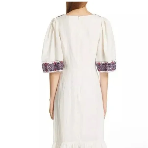 SEA New York Leah Embroidered Party Midi Dress cream red blue size 4 linen