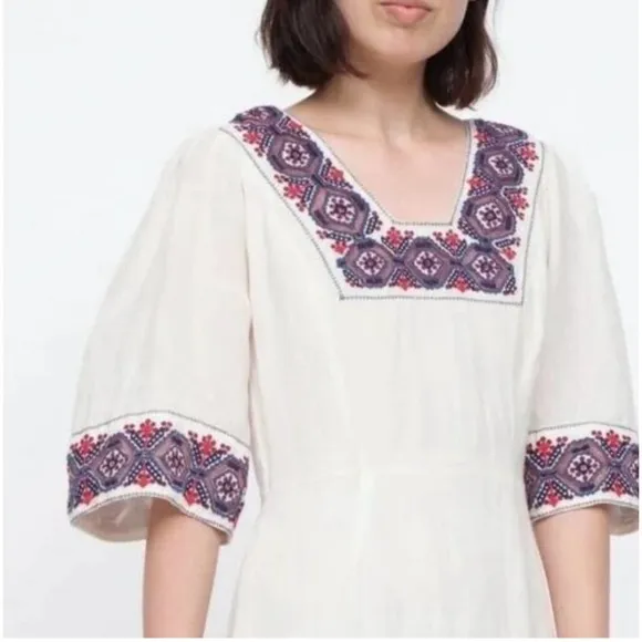 SEA New York Leah Embroidered Party Midi Dress cream red blue size 4 linen
