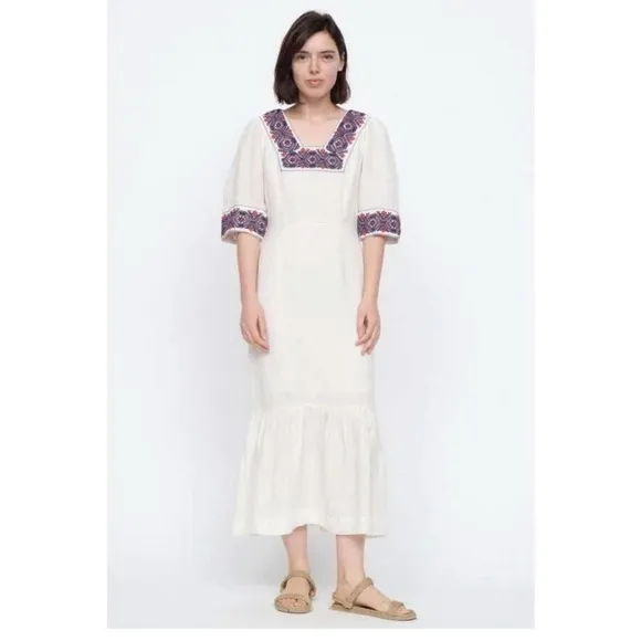 SEA New York Leah Embroidered Party Midi Dress cream red blue size 4 linen