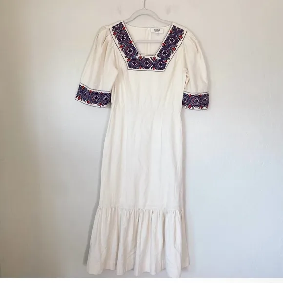 SEA New York Leah Embroidered Party Midi Dress cream red blue size 4 linen