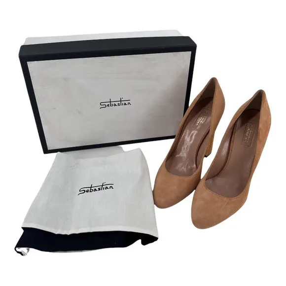 SEBASTIAN Italy Pumps Sand Suede Leather Heels Women's Sz 38 / 8 NIB $600
