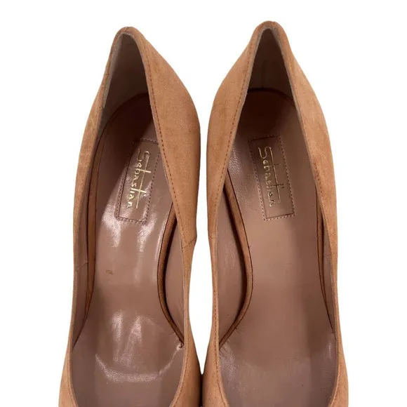 SEBASTIAN Italy Pumps Sand Suede Leather Heels Women's Sz 38 / 8 NIB $600