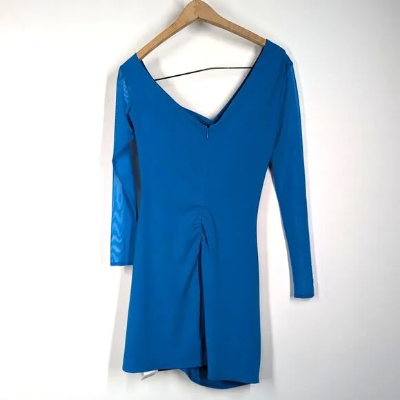 Self-Portrait Blue One Shoulder Ruched Mini Dress Long Sleeve Size 4 Preowned