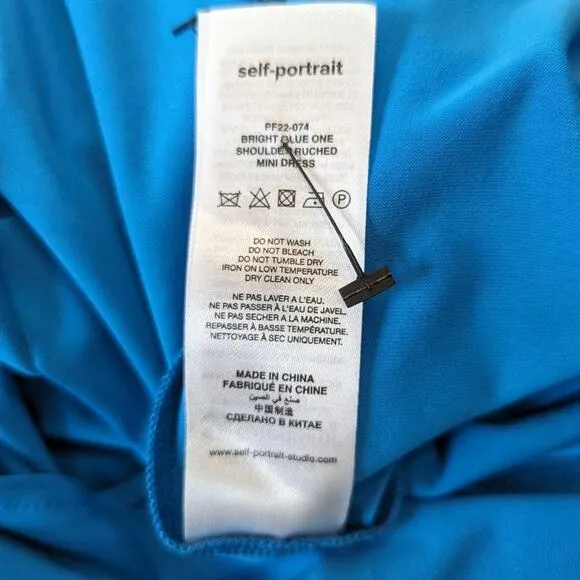 Self-Portrait Blue One Shoulder Ruched Mini Dress Long Sleeve Size 4 Preowned