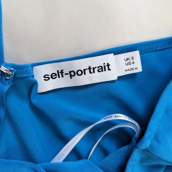 Self-Portrait Blue One Shoulder Ruched Mini Dress Long Sleeve Size 4 Preowned