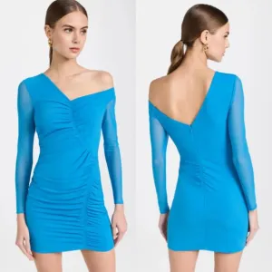 Self-Portrait Blue One Shoulder Ruched Mini Dress Long Sleeve Size 4 Preowned