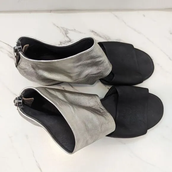 Settima Silver Black Leather Missile Chunky Heeled Sandals Made in Italy 36.5