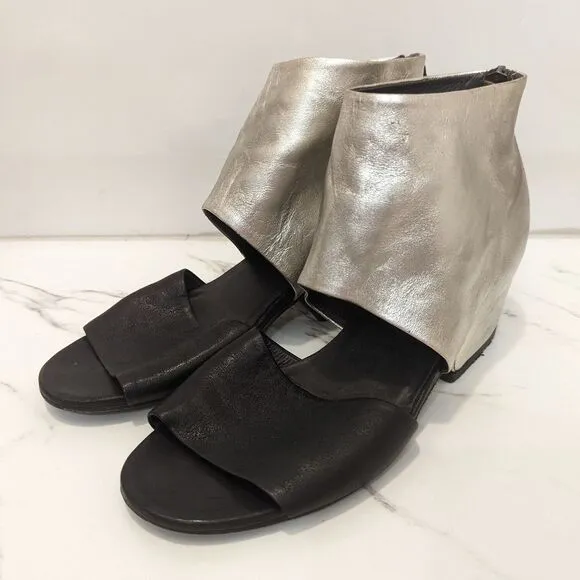 Settima Silver Black Leather Missile Chunky Heeled Sandals Made in Italy 36.5