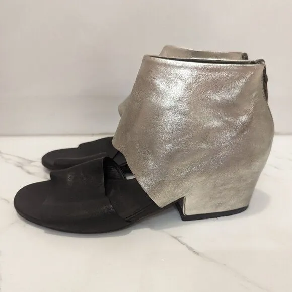 Settima Silver Black Leather Missile Chunky Heeled Sandals Made in Italy 36.5