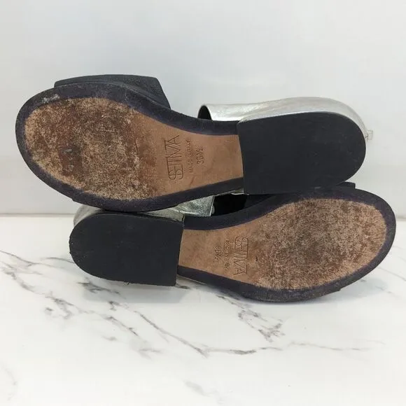 Settima Silver Black Leather Missile Chunky Heeled Sandals Made in Italy 36.5