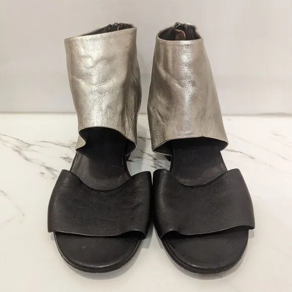 Settima Silver Black Leather Missile Chunky Heeled Sandals Made in Italy 36.5