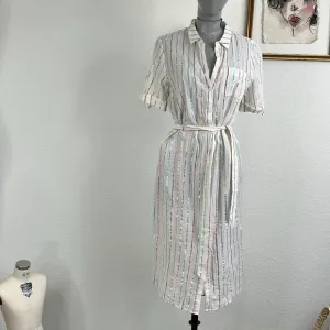 Sezane Metallic Striped Midi Shirtdress Button Front Tie