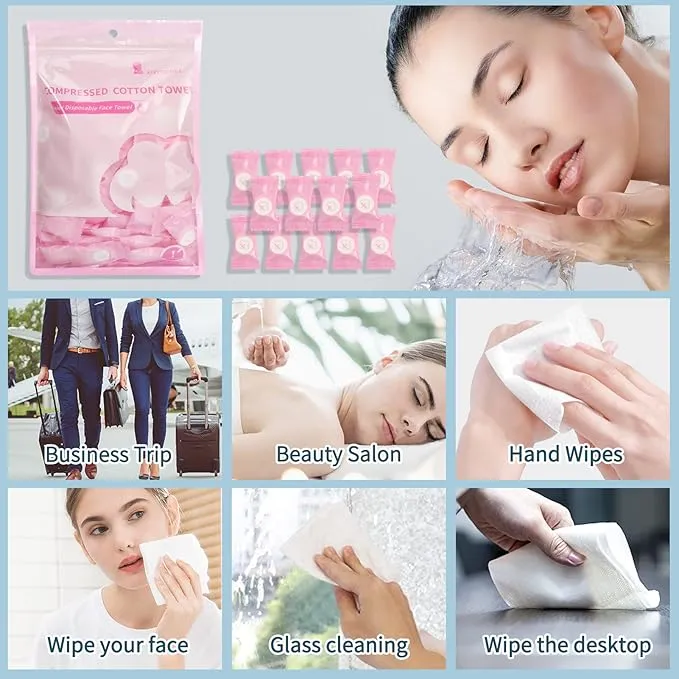 Simfree 100PCS Compressed Towel,Disposable Face Compressed Towel,Disposable Portable Face Towel Mini Tablets Cotton Coin Tissue for Travel,Camping,Hiking,Sports, Home Compressed Hand Wipes(Pink)