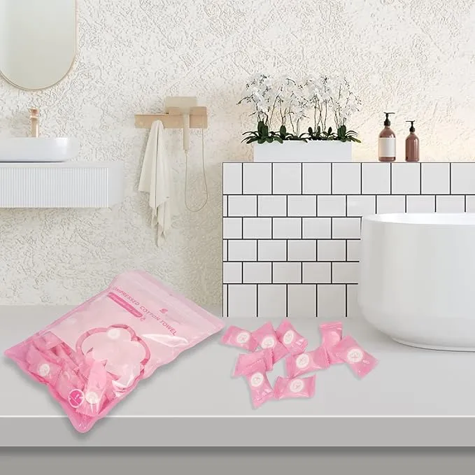 Simfree 100PCS Compressed Towel,Disposable Face Compressed Towel,Disposable Portable Face Towel Mini Tablets Cotton Coin Tissue for Travel,Camping,Hiking,Sports, Home Compressed Hand Wipes(Pink)
