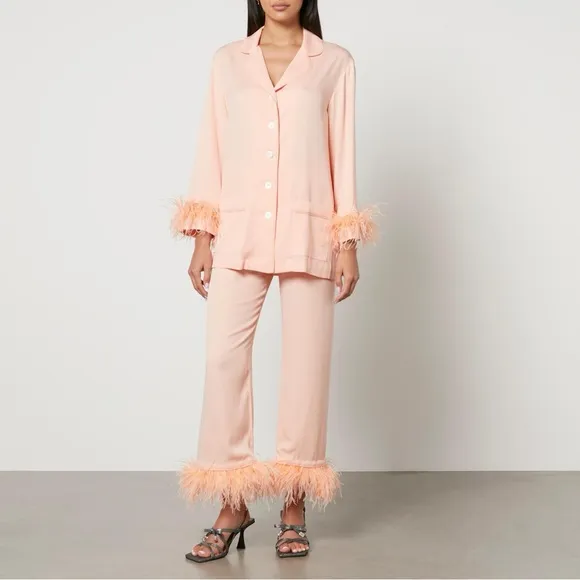 Sleeper Party Feather-Trimmed Crepe de Chine Pyjama Set - L