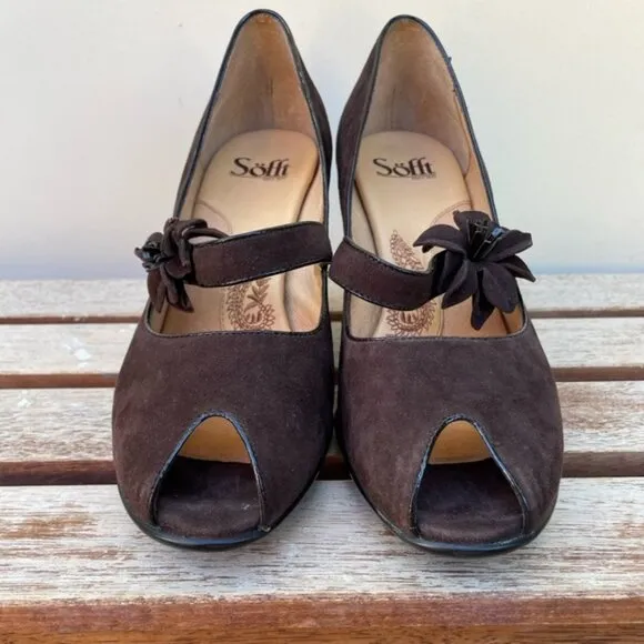 Sofft Women's Retro Geva Brown Suede Peep Toe Mary Jane Pumps Size 9W