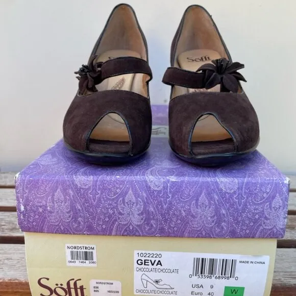 Sofft Women's Retro Geva Brown Suede Peep Toe Mary Jane Pumps Size 9W