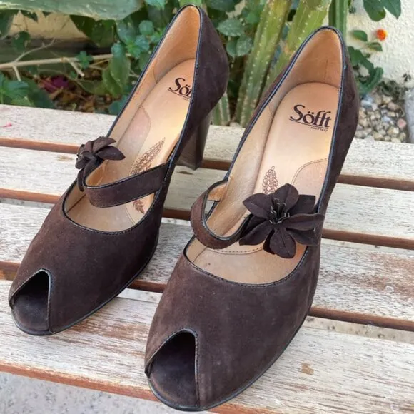 Sofft Women's Retro Geva Brown Suede Peep Toe Mary Jane Pumps Size 9W