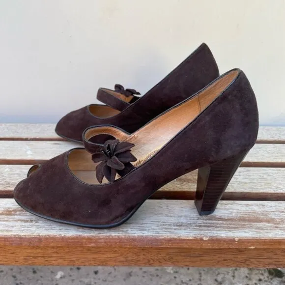 Sofft Women's Retro Geva Brown Suede Peep Toe Mary Jane Pumps Size 9W
