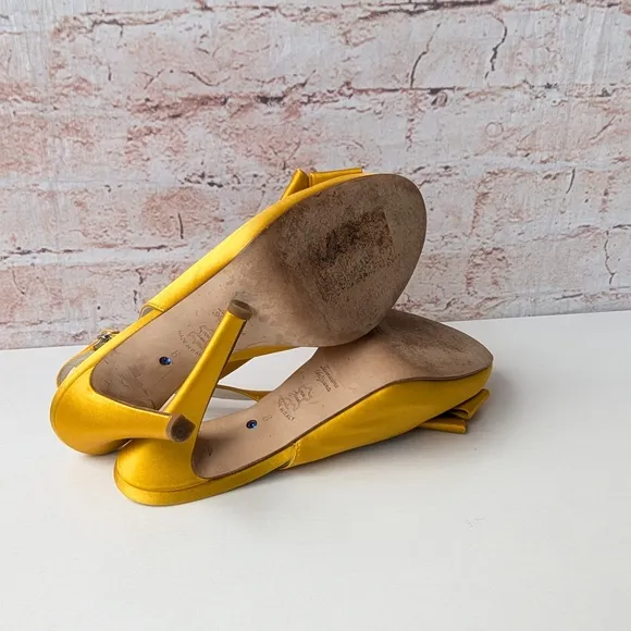 Something Bleu Bridal Yellow Satin Heels with Decorative Bow