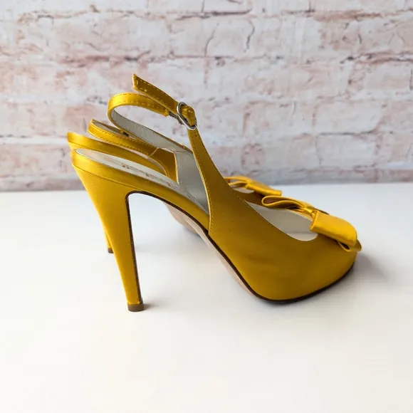 Something Bleu Bridal Yellow Satin Heels with Decorative Bow