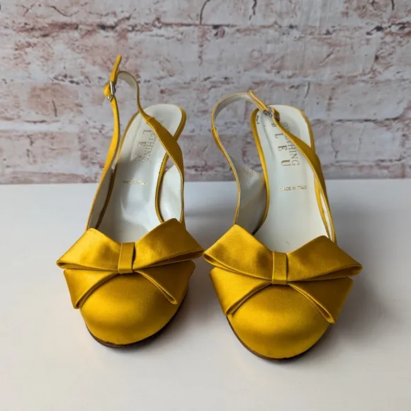 Something Bleu Bridal Yellow Satin Heels with Decorative Bow