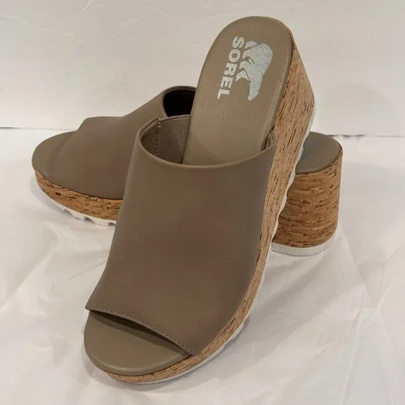 Sorel Womens Size 8 Taupe Sea Salt Cameron Wedge Platform Mules Sandals