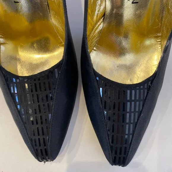 St. John Black Satin Pumps w/ Pailette Toe &amp; Heel Detail Italy Sz 7B