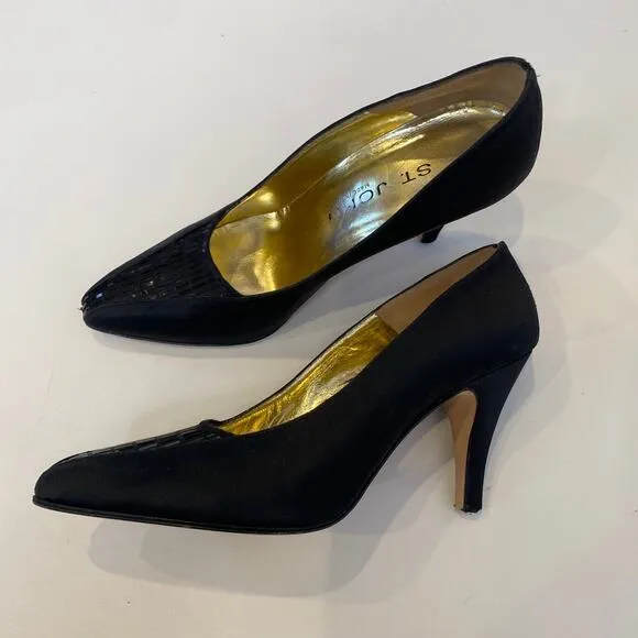 St. John Black Satin Pumps w/ Pailette Toe &amp; Heel Detail Italy Sz 7B
