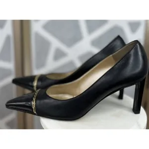 St St. John Leather Chain-Link Pumps Black Leaher Heels 7.5 B Italy Vtg Wm Shoes