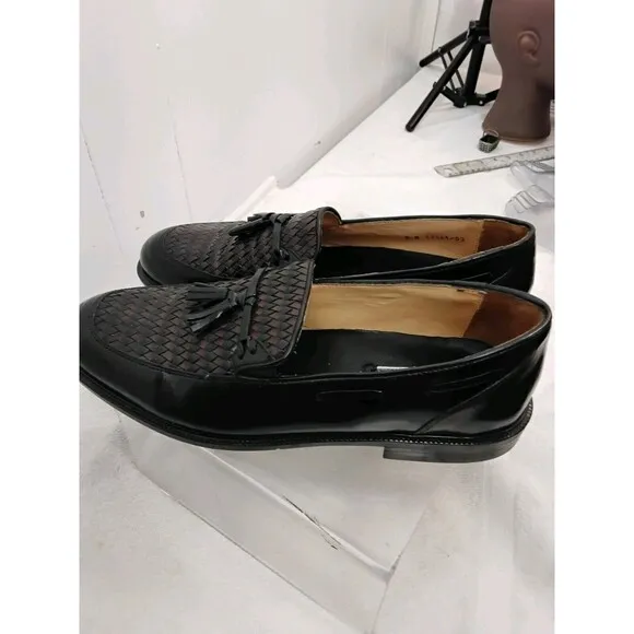 Stanley Blacker Men Italian made Leather woven tassel slip ons Black Size (9M...