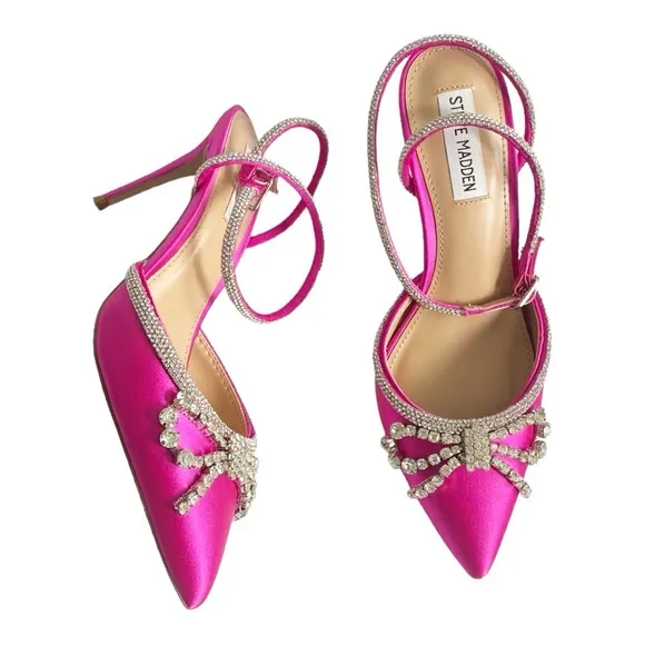 STEVE MADDEN Lakelyn Ankle Strap Sandal Satin Crystal Bow Pink Spring Boho Sz 8
