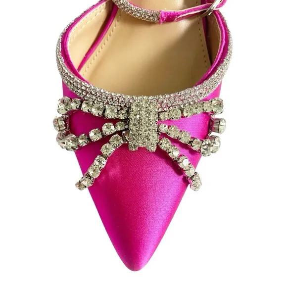 STEVE MADDEN Lakelyn Ankle Strap Sandal Satin Crystal Bow Pink Spring Boho Sz 8