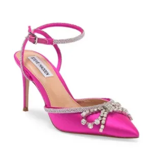 STEVE MADDEN Lakelyn Ankle Strap Sandal Satin Crystal Bow Pink Spring Boho Sz 8